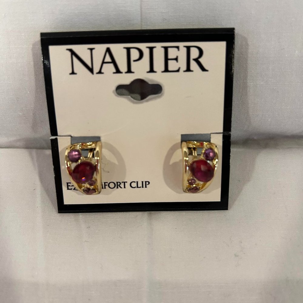 Napier Gold Tone Red Berry Clip-On Hoop Earrings NWT